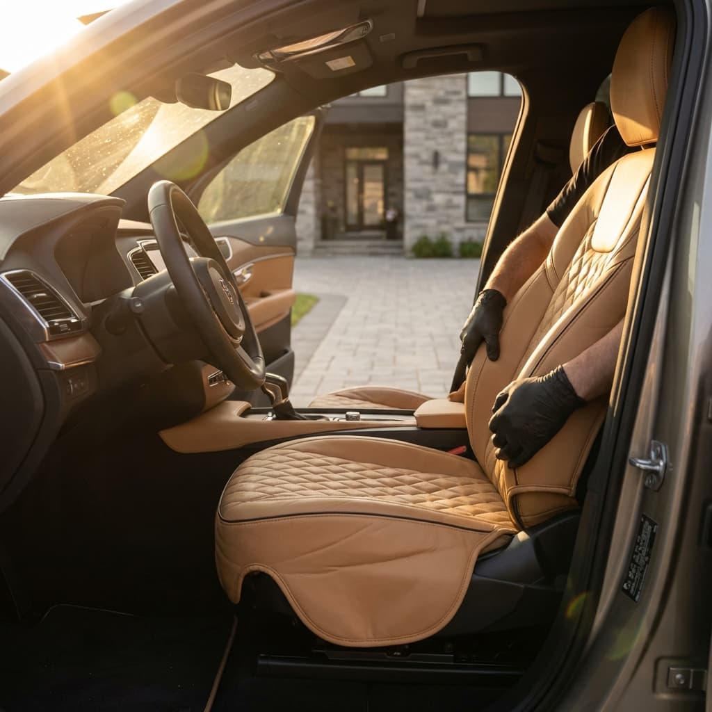 Mechanic hands installing seat covers